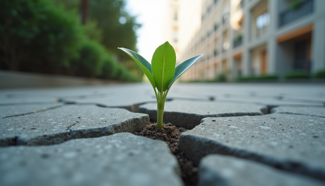 Tiny green seedling breaking through cracked concrete street — symbol of resilience, hope, and new beginnings