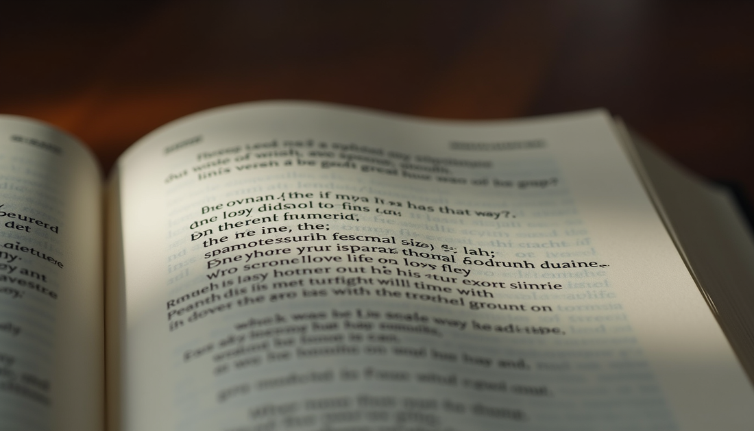 Close-up of an open Bible with text pages, soft focus background, warm tones — faith and learning theme