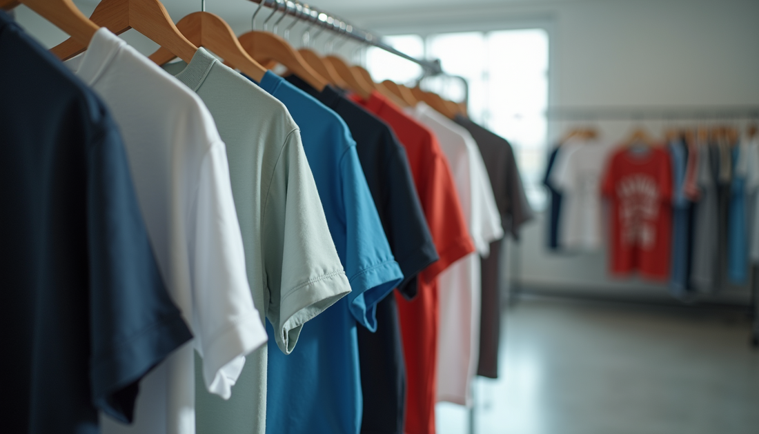 Row of multicolor t-shirts on wooden hangers displayed on a clothing rack — faith apparel collection