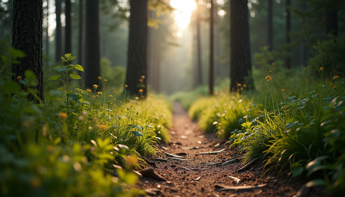 Narrow dirt trail through a lush green forest with sunlight streaming through tall pine trees and wildflowers — nature and faith journey