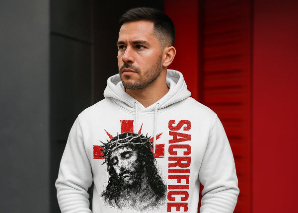 Close up of white Christian hoodie featuring a modern graphic Jesus sacrifice design with crown of thorns.