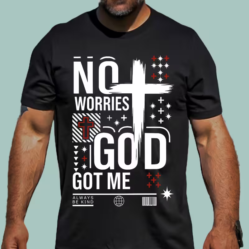 Black t-shirt with 'No Worries God Got Me' design on a light blue background