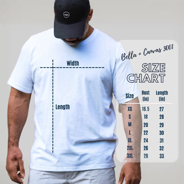 Person wearing a white t-shirt with a size chart on a plain background