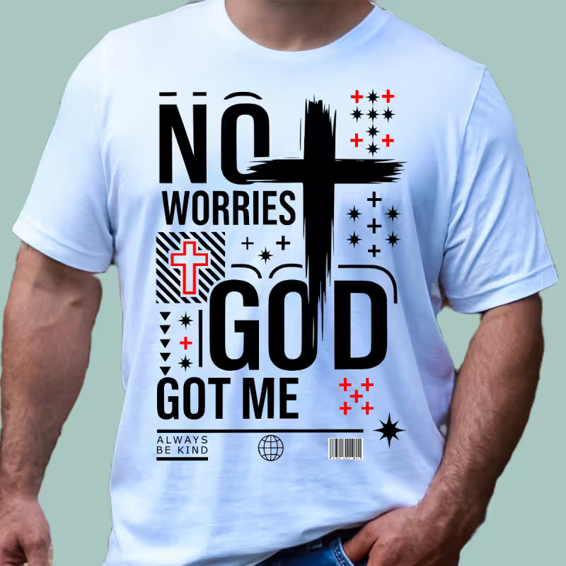 White t-shirt with a graphic design featuring text and a cross on a light gray background