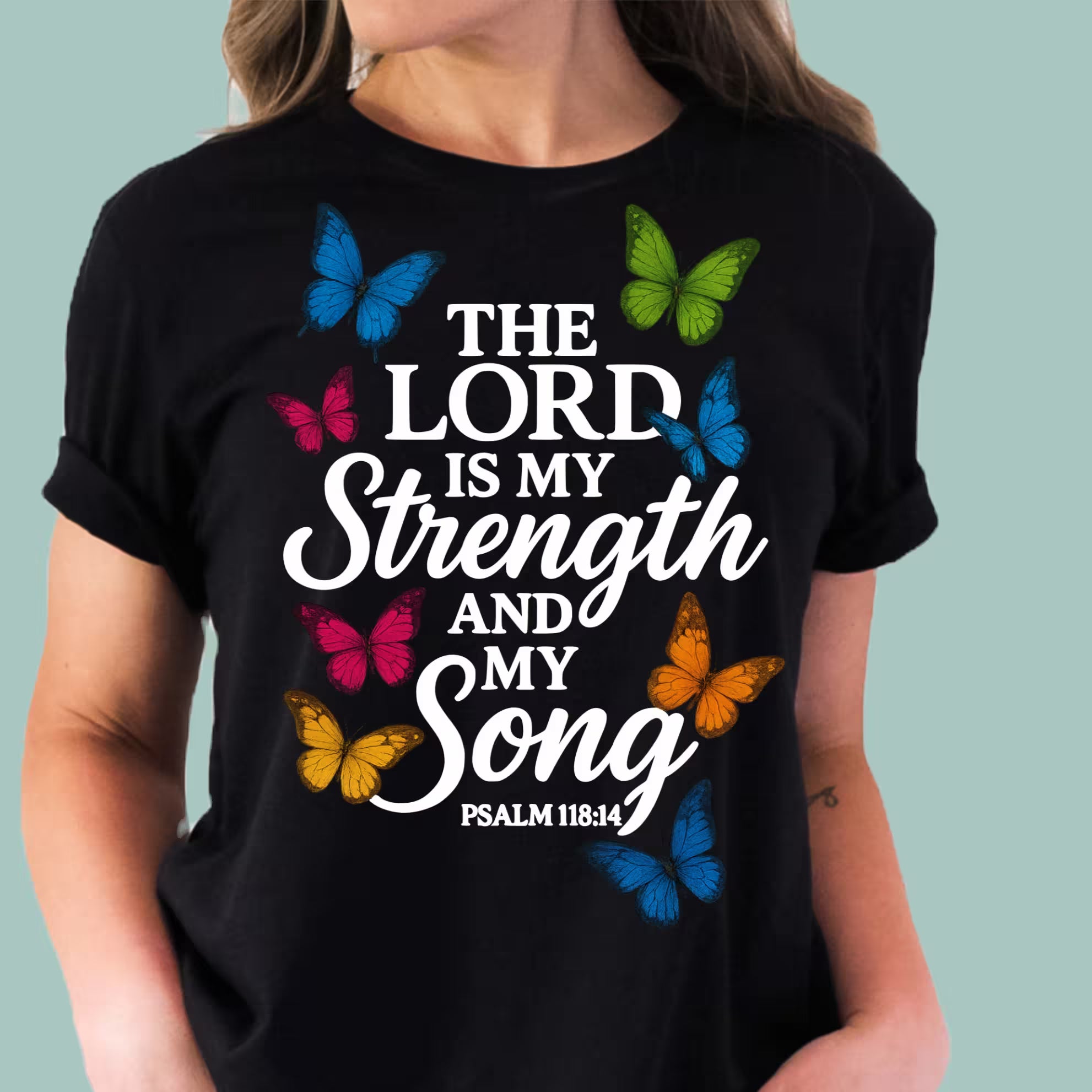 Black Christian graphic t-shirt printed with The Lord Is My Strength