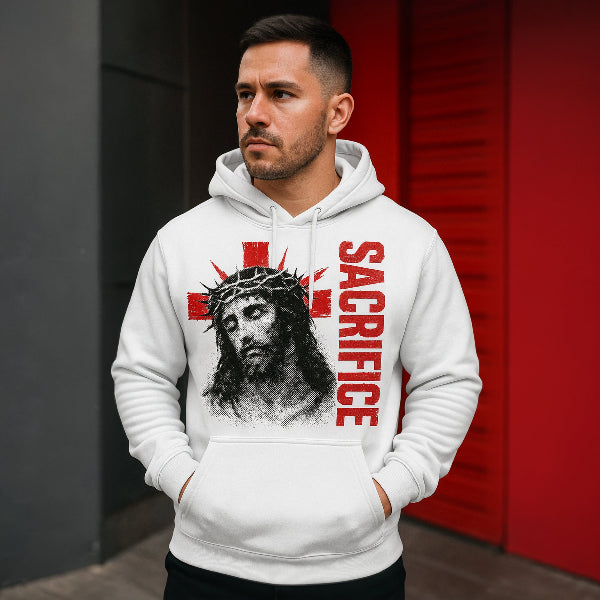 Man wearing White Graphic Christian Hoodie with Jesus Sacrifice crown of thorns design by Alexander Crafts.
