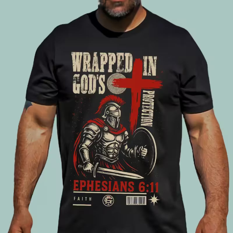 Black and gold Christian warrior t-shirt with a medieval knight design and Armor of God text.