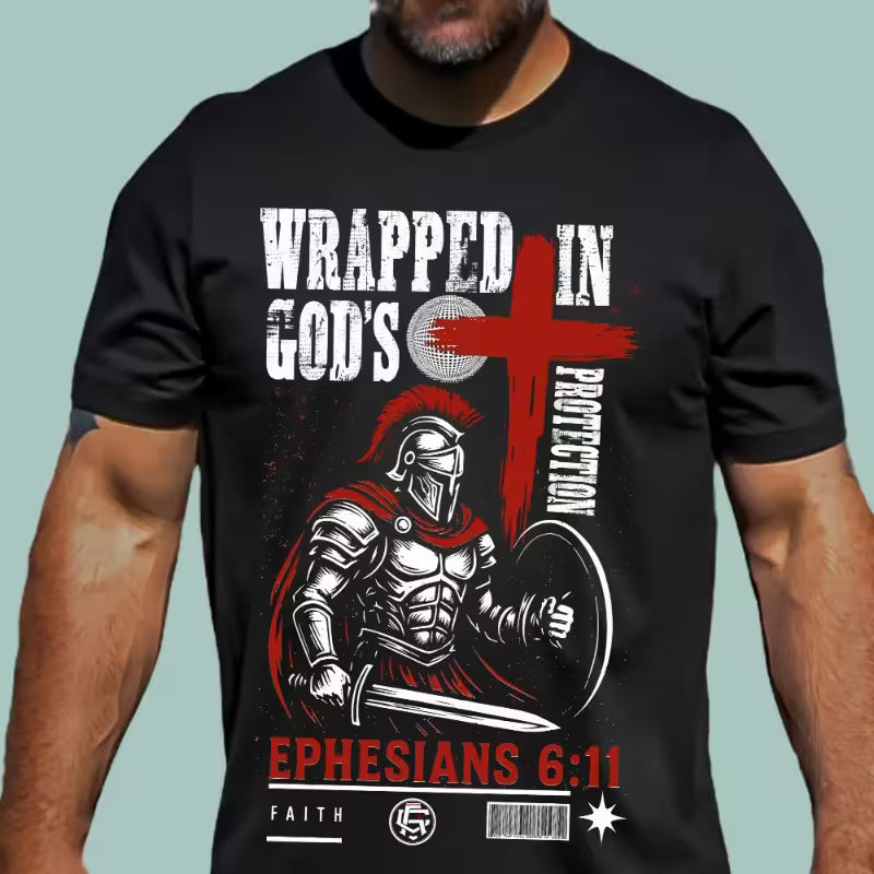 Black and white version of the Wrapped in God's Protection shirt, featuring a detailed knight graphic.