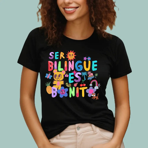 Person wearing a black t-shirt with colorful text and graphics on a light blue background