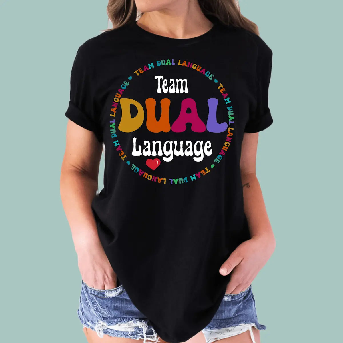 Black "Team Dual Language Teacher" shirt, a perfect gift for bilingual education and ESL teaching teams.
