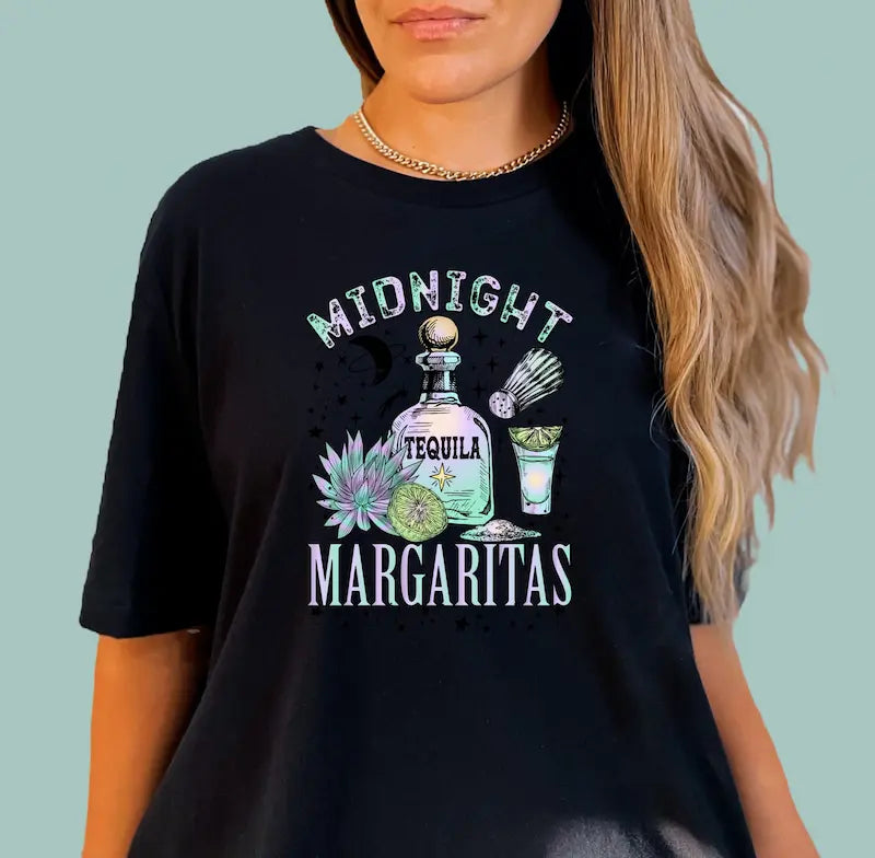 Black Midnight Margaritas graphic tee for women, featuring vibrant tequila bottle and stars design.