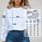 Size chart for the Bloom With Grace Christian sweatshirt, showing measurements for sizes S through 3XL.