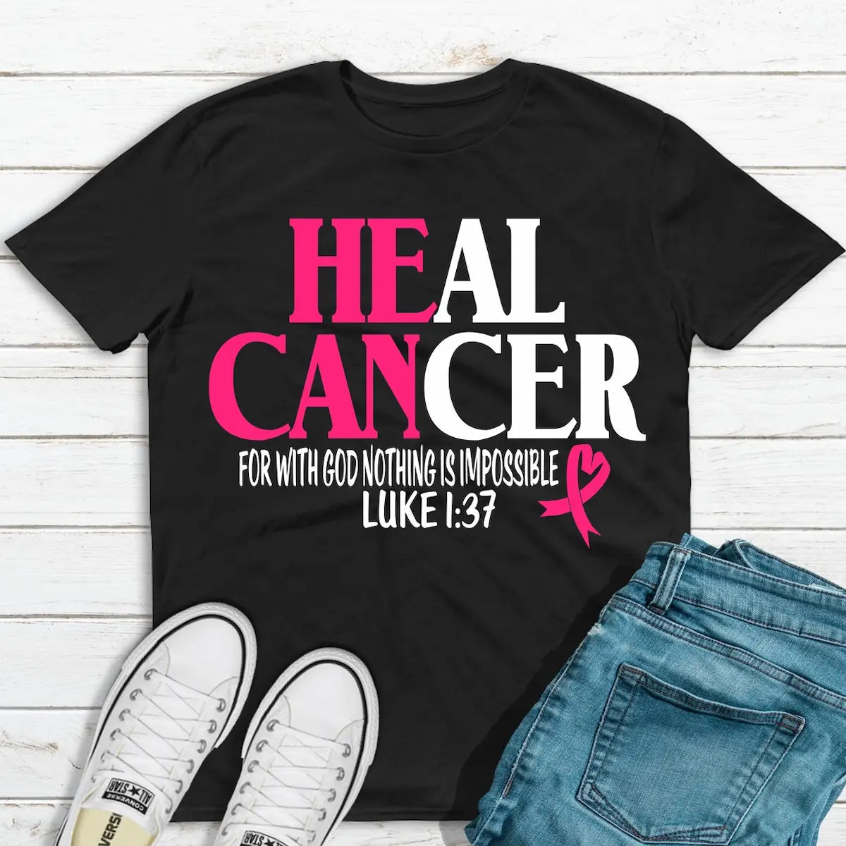 Black 'Heal Cancer' t-shirt with the scripture Luke 1:37 and a pink ribbon.