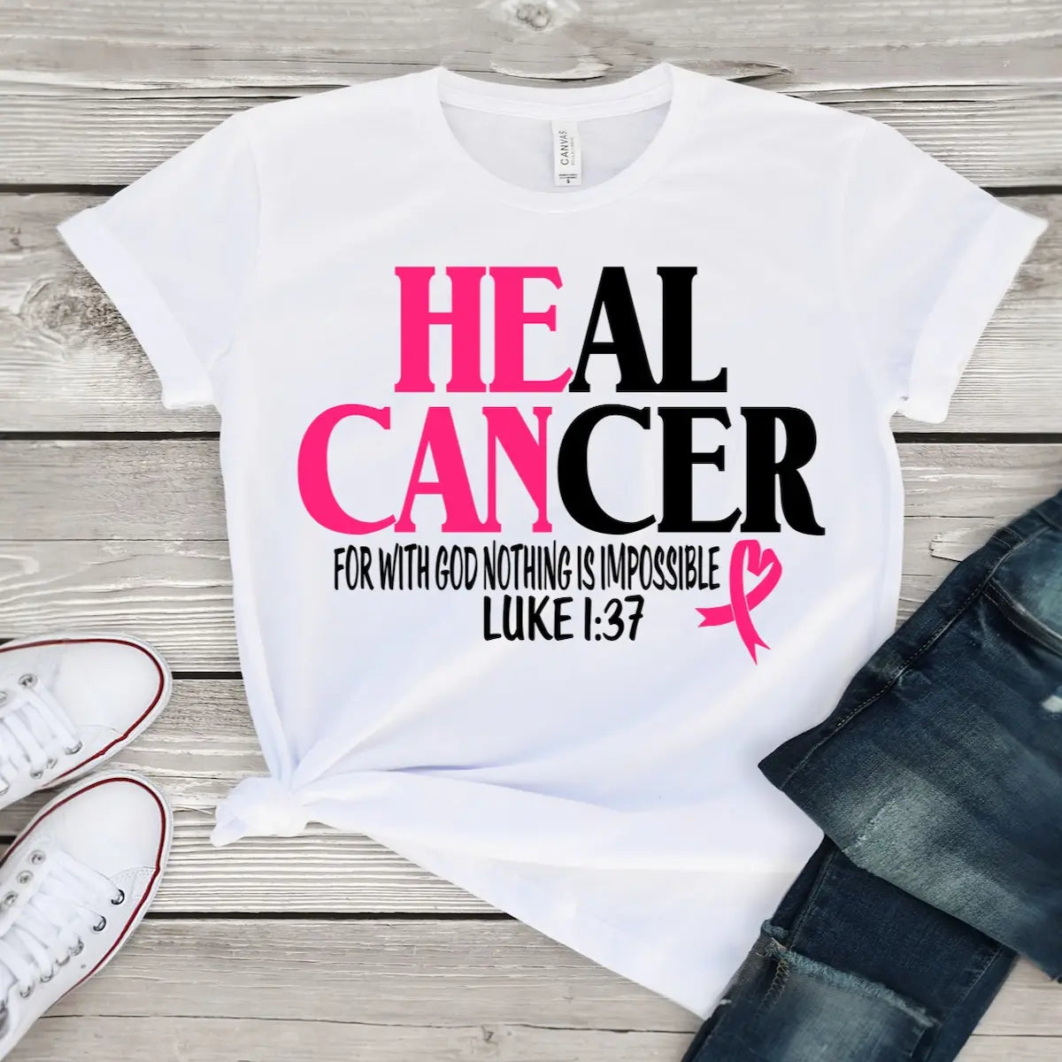 White 'Heal Cancer' t-shirt with the scripture Luke 1:37 and a pink ribbon.