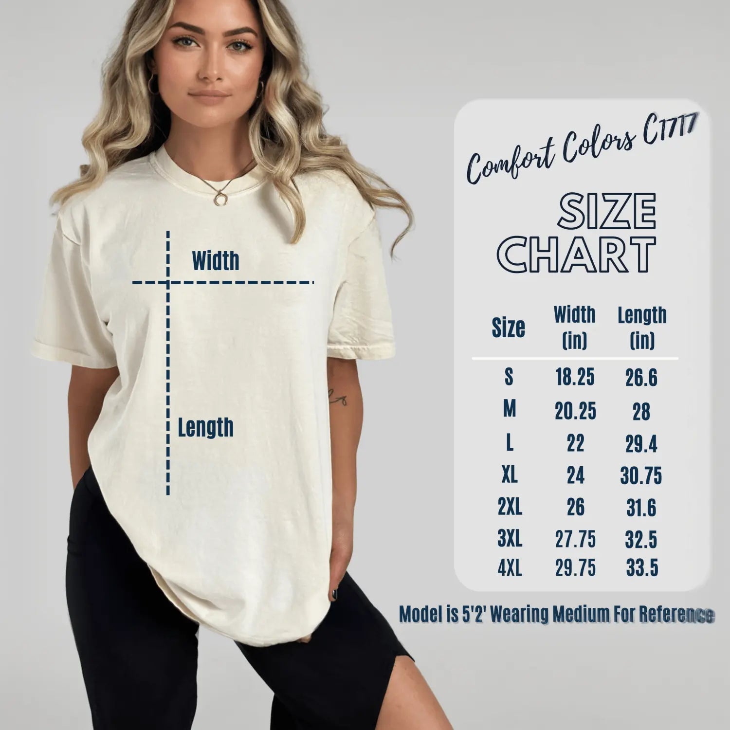 Size guide for the El Futuro Es Bilingüe shirt, showing measurements for Comfort Colors sizes S through 3XL.