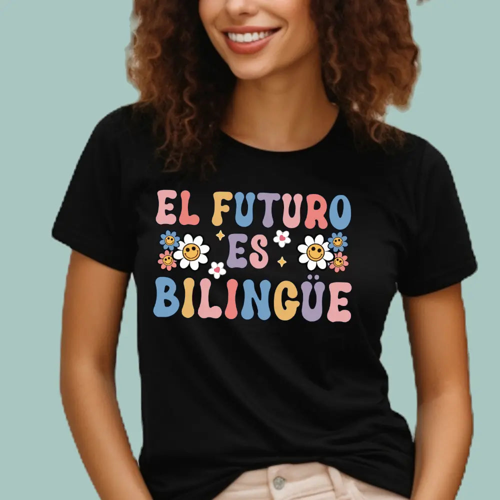 Black bilingual education shirt featuring "El Futuro Es Bilingüe" in modern white and yellow typography.