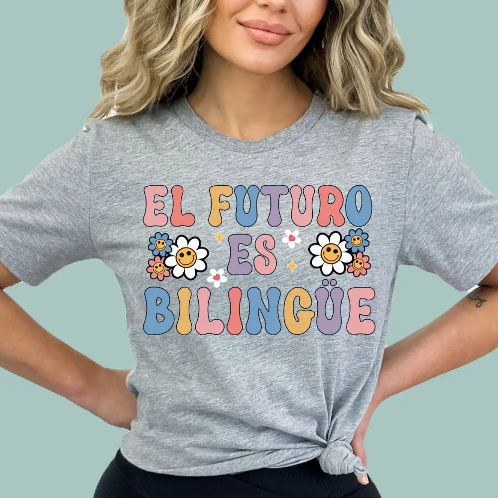 Sport grey cotton shirt representing bilingual advocacy and the future of multilingual education.