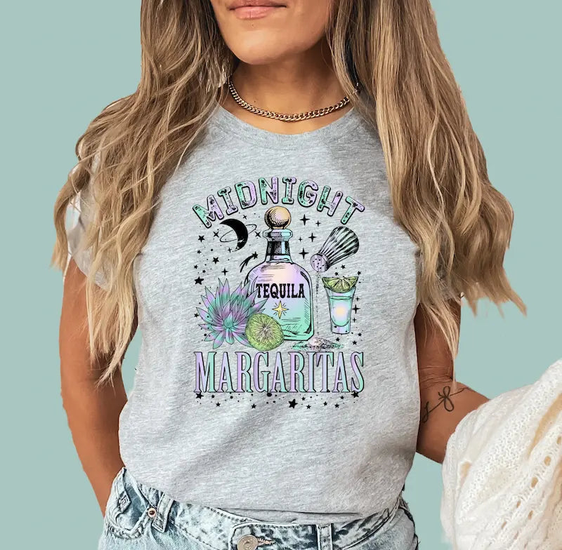 Grey celestial margarita graphic t-shirt, a unique gift for summer parties and boho lovers.