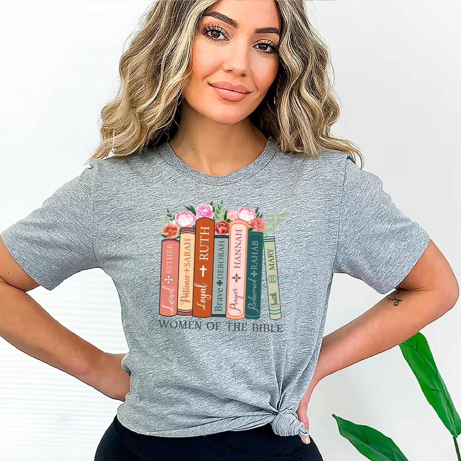 Sport grey unisex t-shirt featuring the Women of the Bible graphic, a perfect gift for faith-based readers.