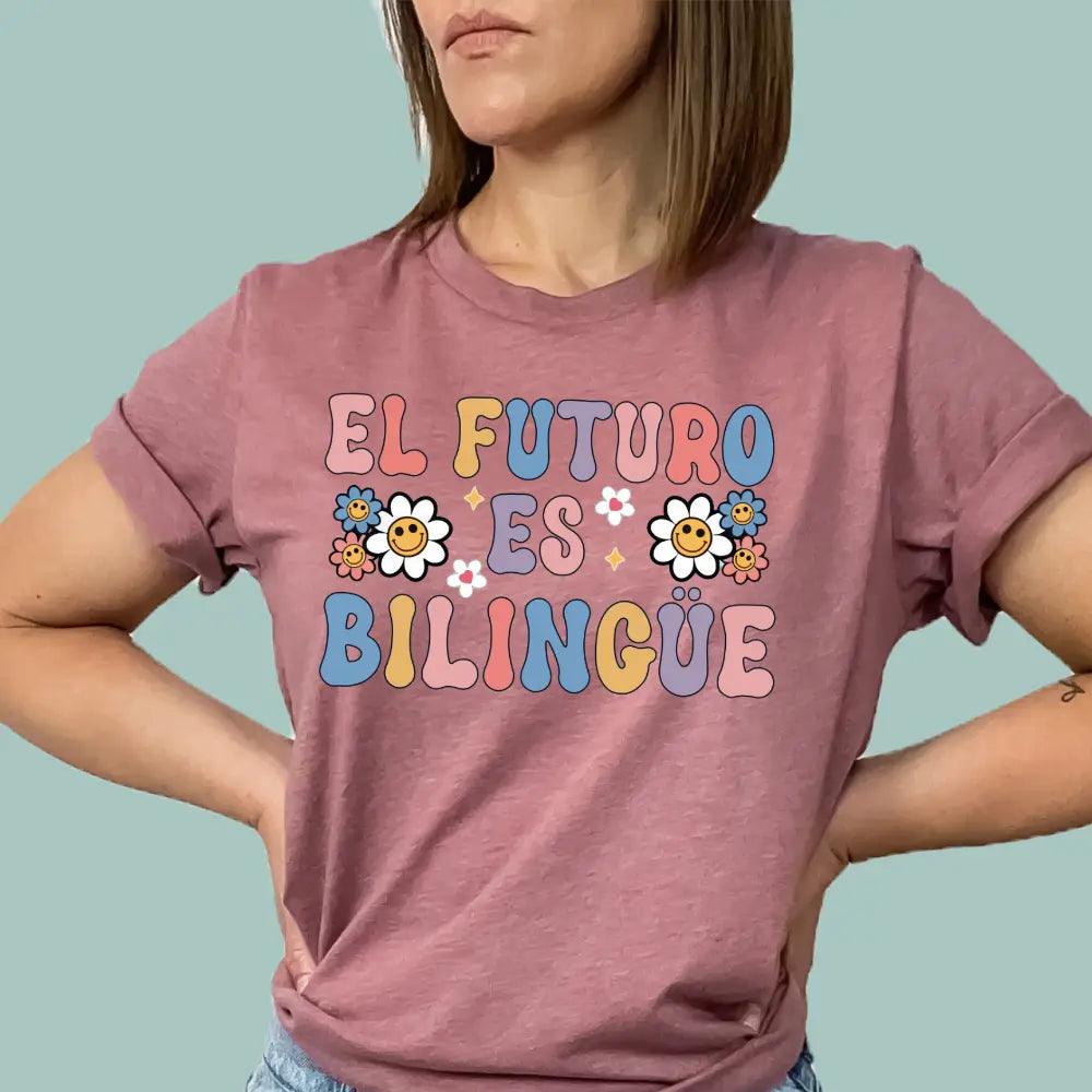 Heather mauve bilingual advocacy shirt, a stylish and soft premium cotton tee for educators.