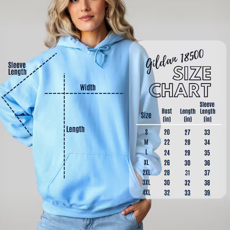 Size guide for the Jesus Power hoodie showing measurements for sizes S through 3XL