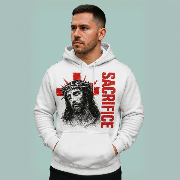 White faith-based Christian hoodie featuring red 'Sacrifice' typography and Jesus graphic.