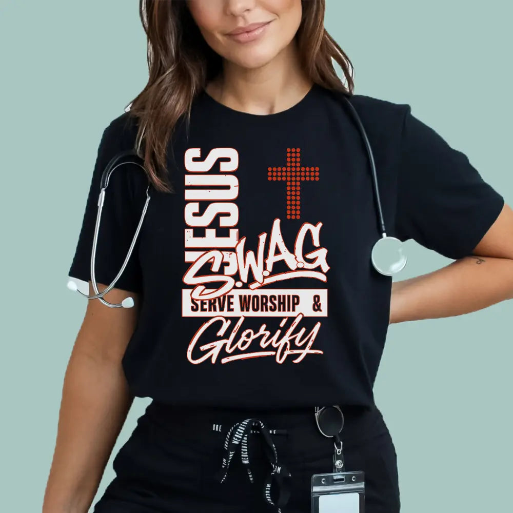Black Unisex Jesus Swag Christian Tee featuring a red cross and bold 'Serve Worship & Glorify' text.