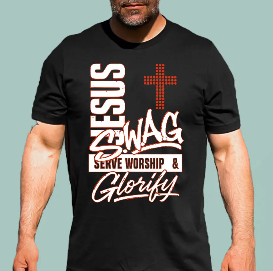 Black Jesus Swag Christian Tee featuring a red cross and bold 'Serve Worship & Glorify' text.