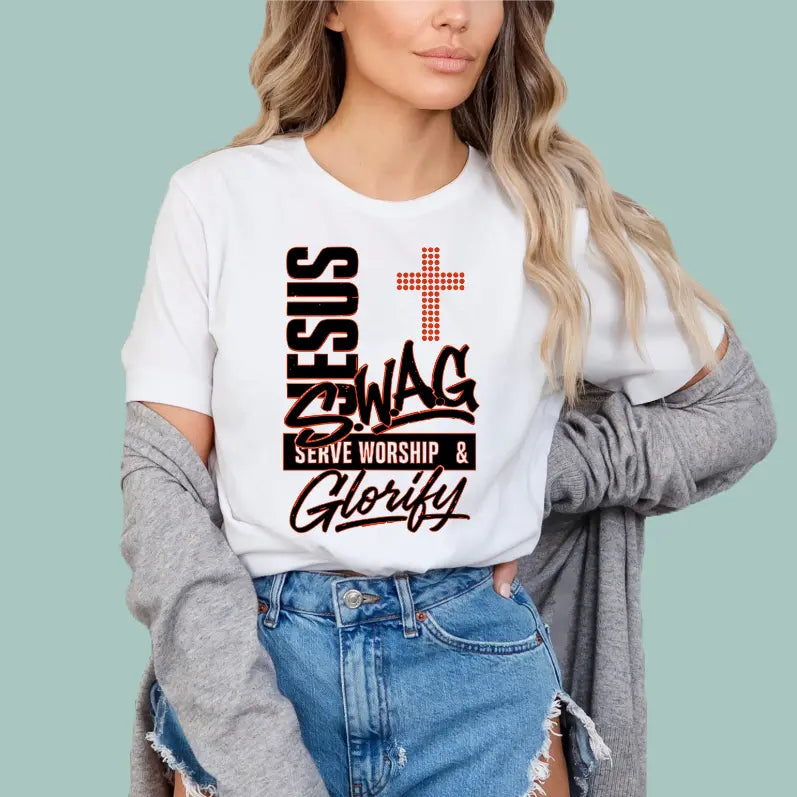 Model wearing the Jesus Swag Christian Tee, showing the comfortable unisex fit and vibrant graphic.