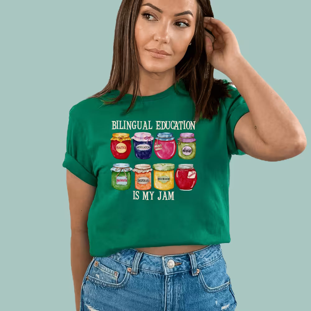 Kelly Green ESL teacher appreciation shirt featuring a vibrant bilingual education jam jar design.