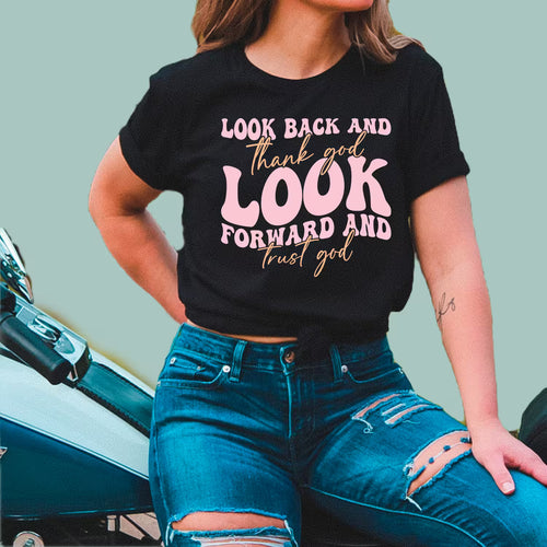 Black short-sleeve Christian tee featuring the "Look Forward and Trust God" inspirational message.