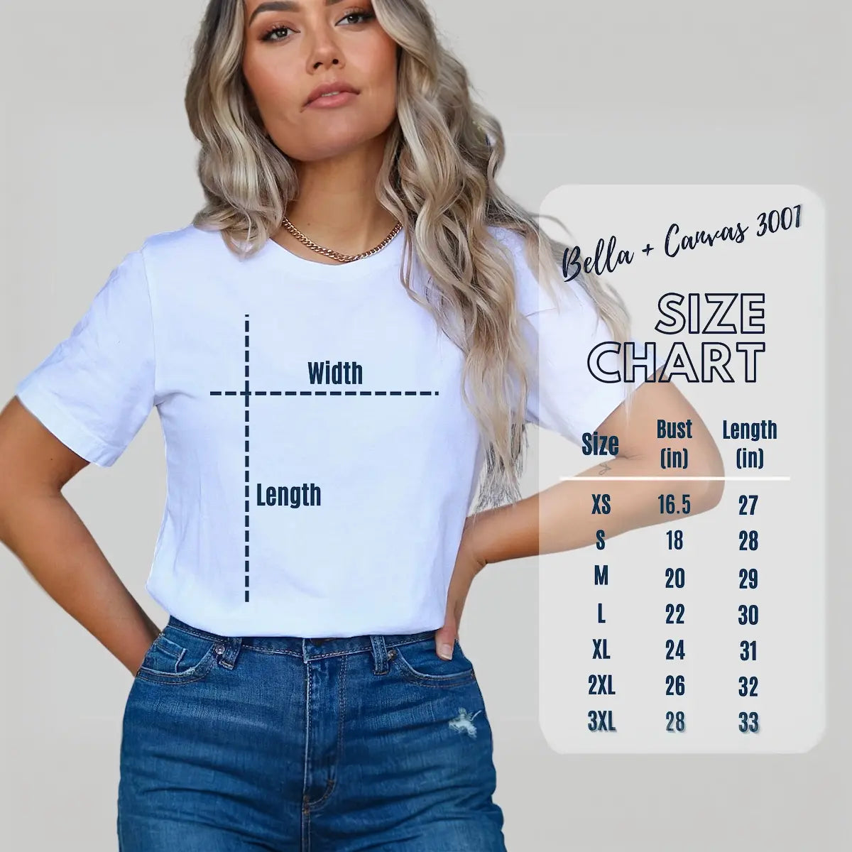 Size guide for the Look Back & Trust God t-shirt, showing measurements from S to 3XL.