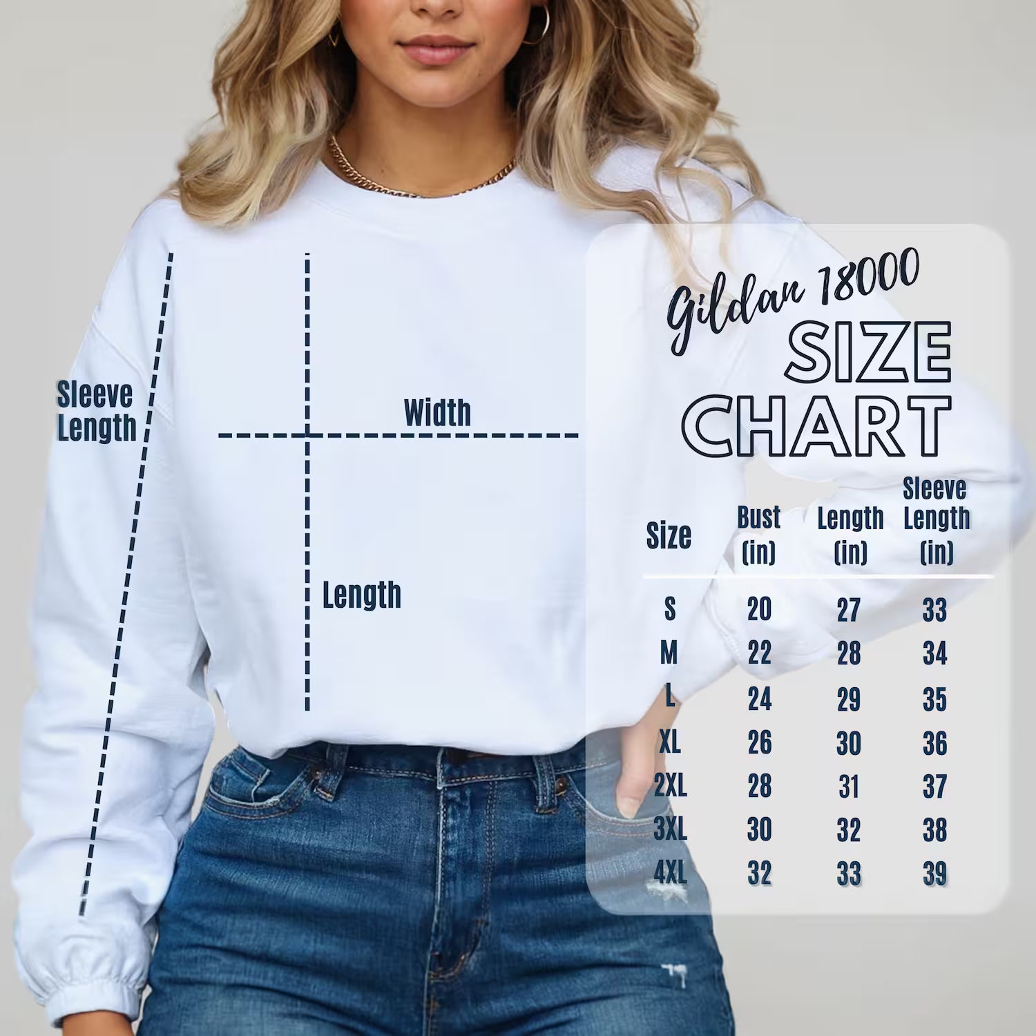 Size guide for the Love of Jesus modern Christian sweatshirt, ranging from Small to 3XL.