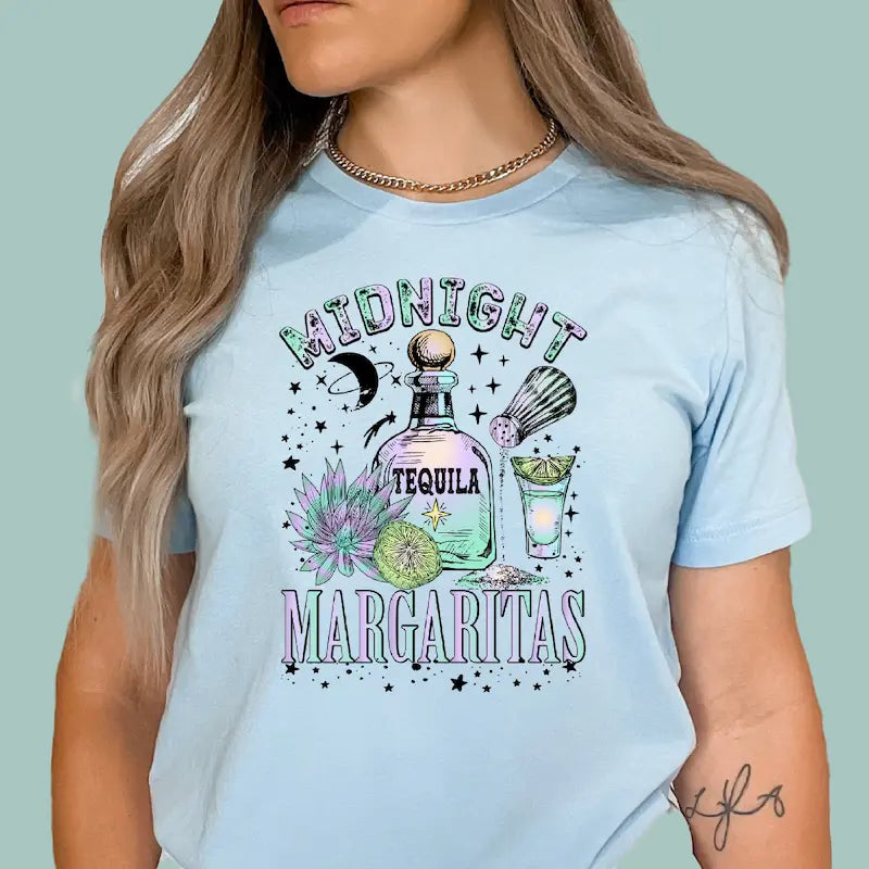 Light blue Midnight Margaritas graphic tee featuring a celestial tequila and cactus design.
