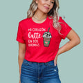 Red teacher appreciation gift shirt with "My Heart Beats in Two Languages" Spanish typography.