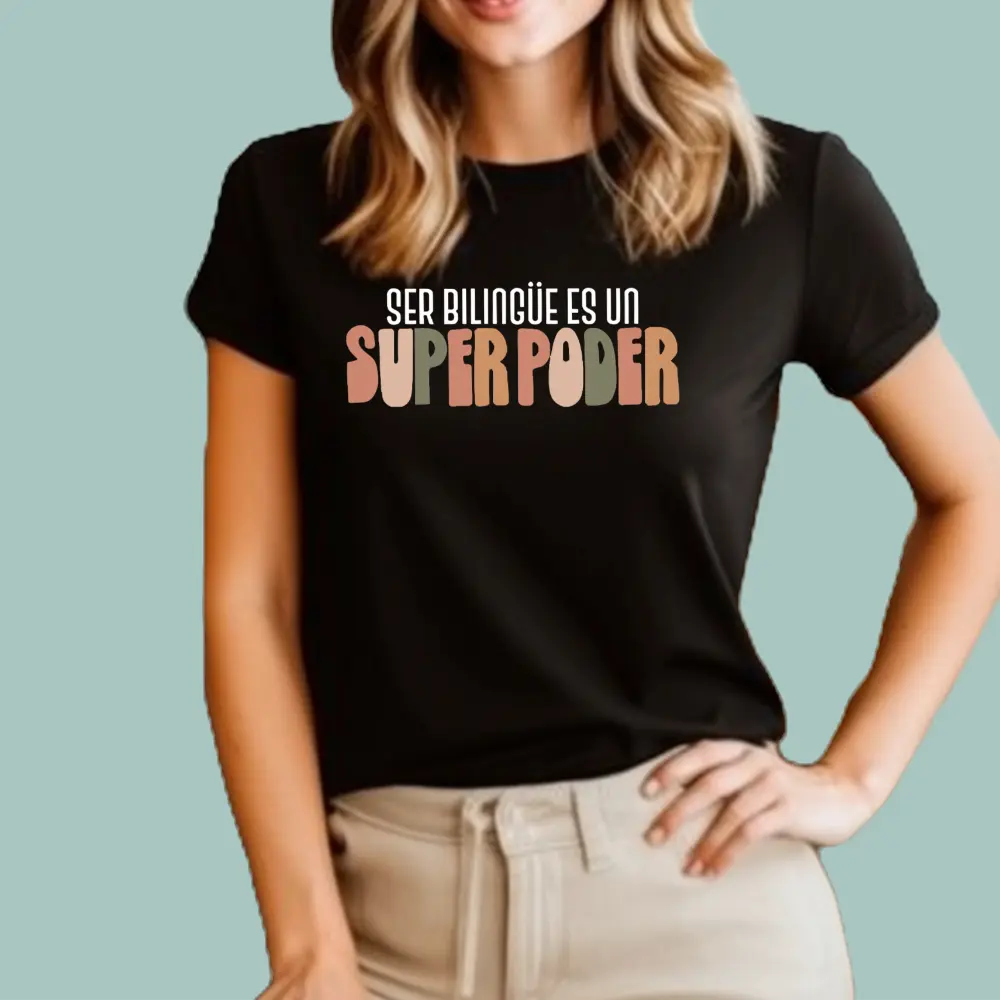 Black bilingual teacher shirt featuring 'Ser Bilingüe es un Superpoder' in vibrant yellow and white text.