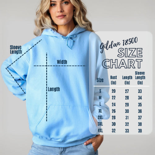 Light blue hoodie worn by a model with a size chart on a gray background