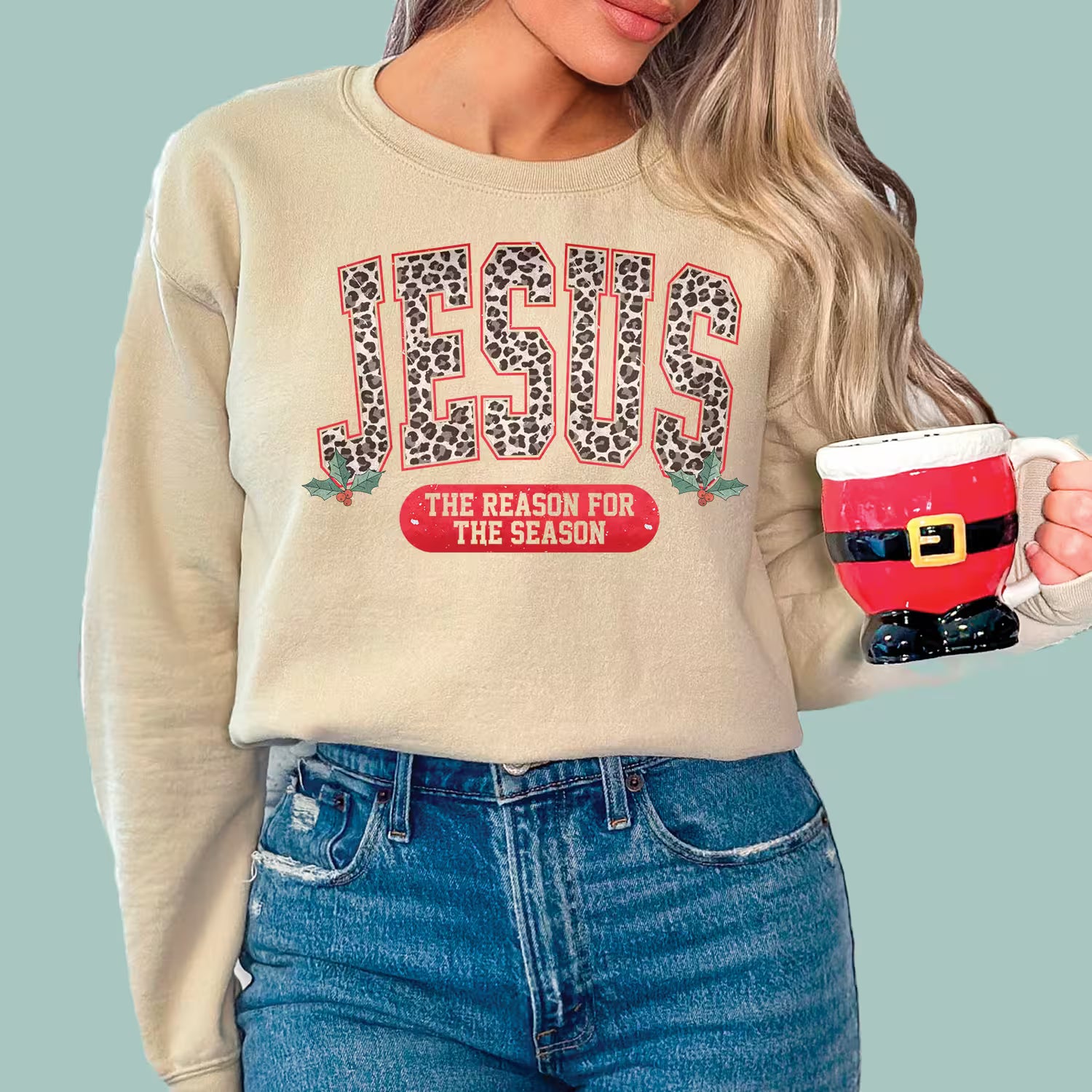 Tan-colored holiday faith sweatshirt, a cozy and meaningful Christian Christmas gift.