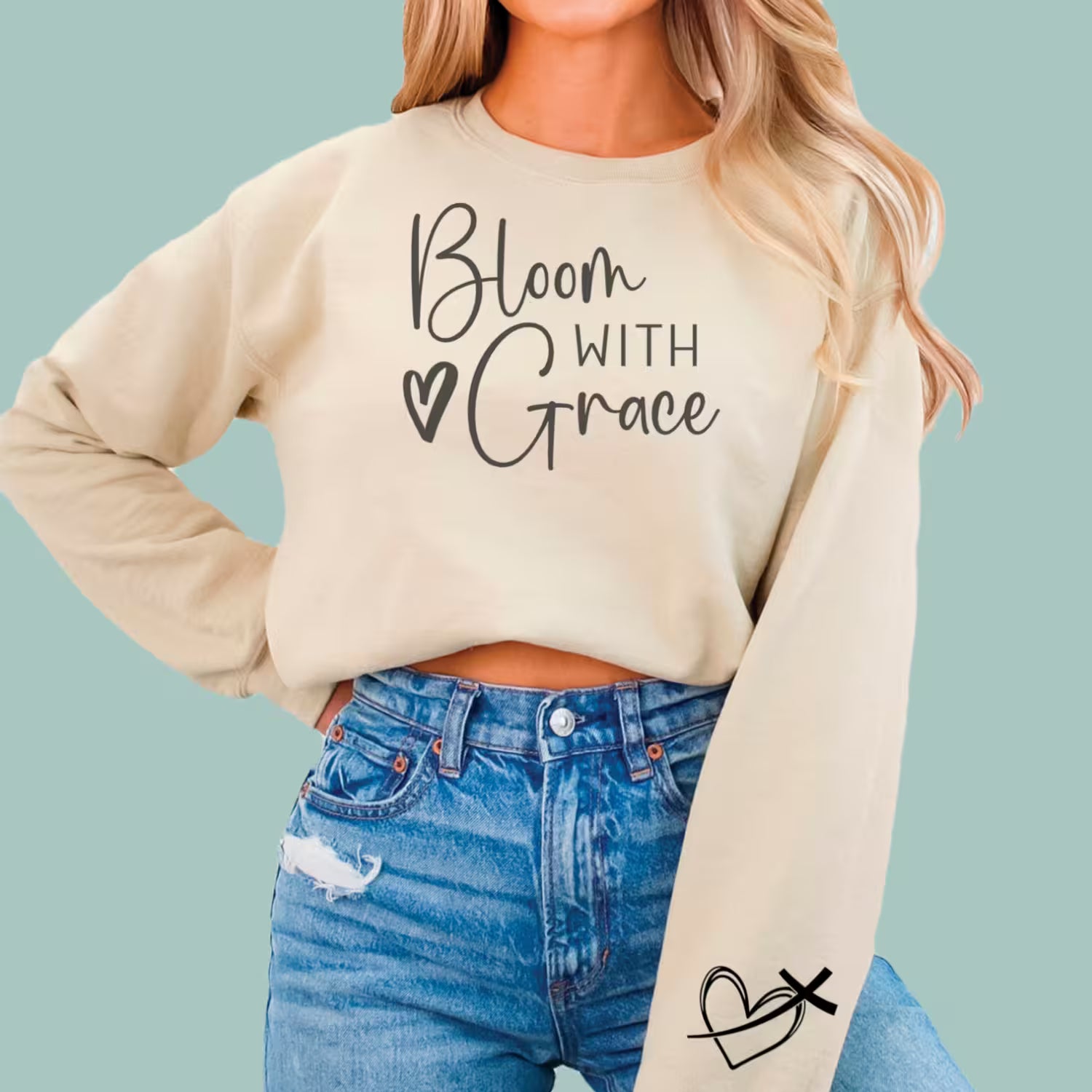 Tan-colored "Bloom With Grace" inspirational sweatshirt, a perfect floral gift for Christian women.