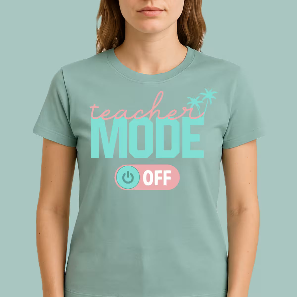 Light Green Teacher Vacation Mode shirt featuring a tropical sun and palm tree graphic.