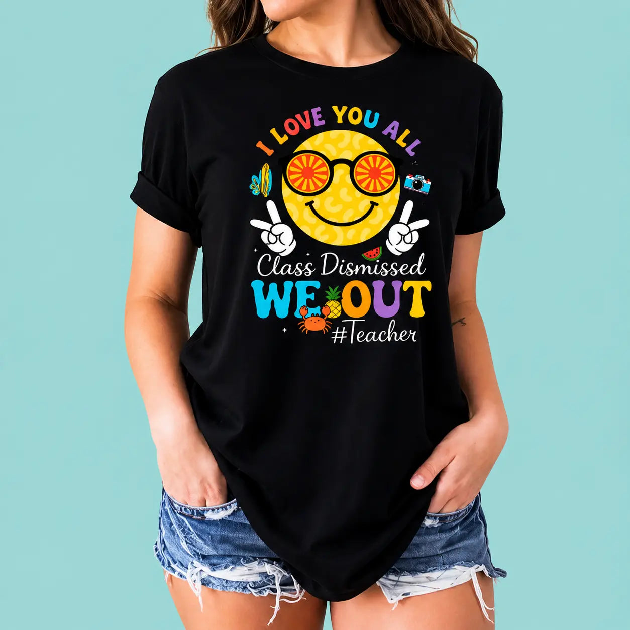 Black short-sleeve "End of School Year 2026" teacher shirt featuring colorful celebratory typography.