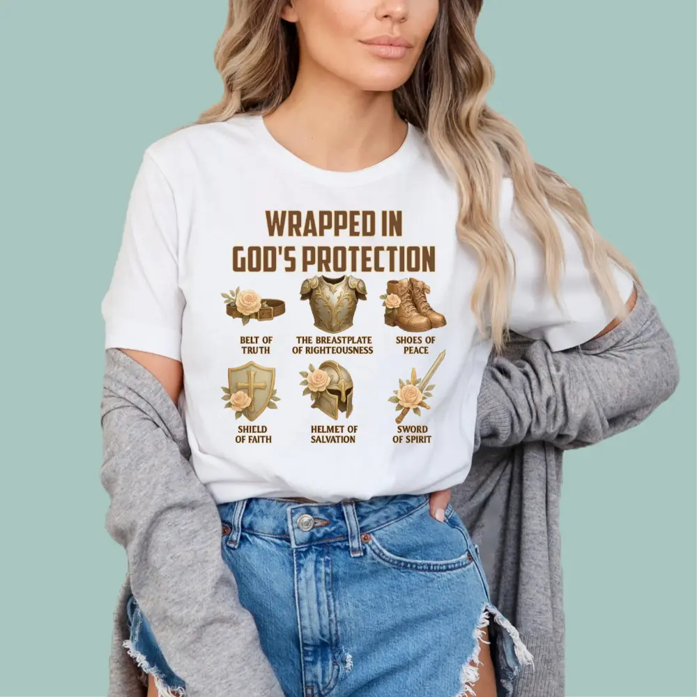 White Armor of God protection shirt with a modern faith-based design for men and women.