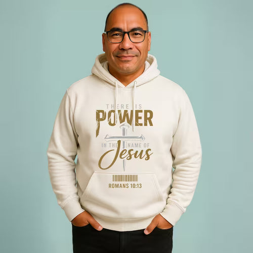 Unisex Christian graphic hoodie featuring "There Is Power in The Name of Jesus" distressed metallic design.