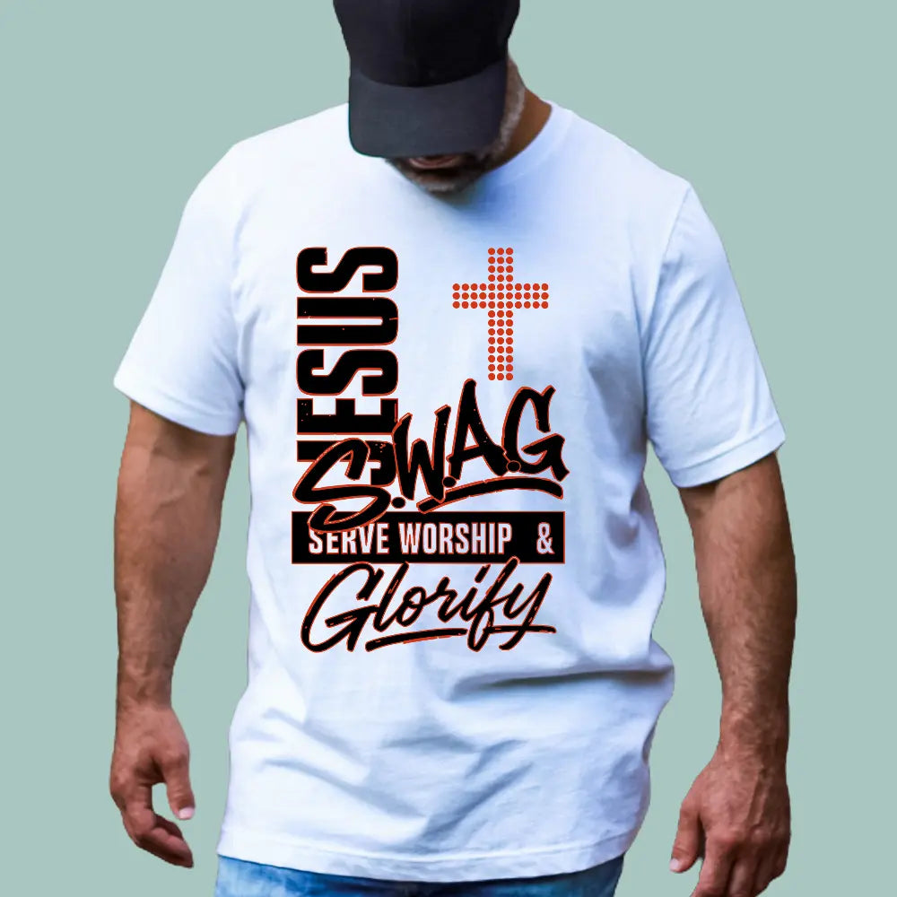 White faith-based streetwear shirt with 'Jesus Swag' graphic design for modern Christian apparel.