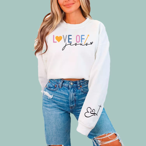 White Love of Jesus graphic pullover, comfortable and stylish religious apparel for men and women.