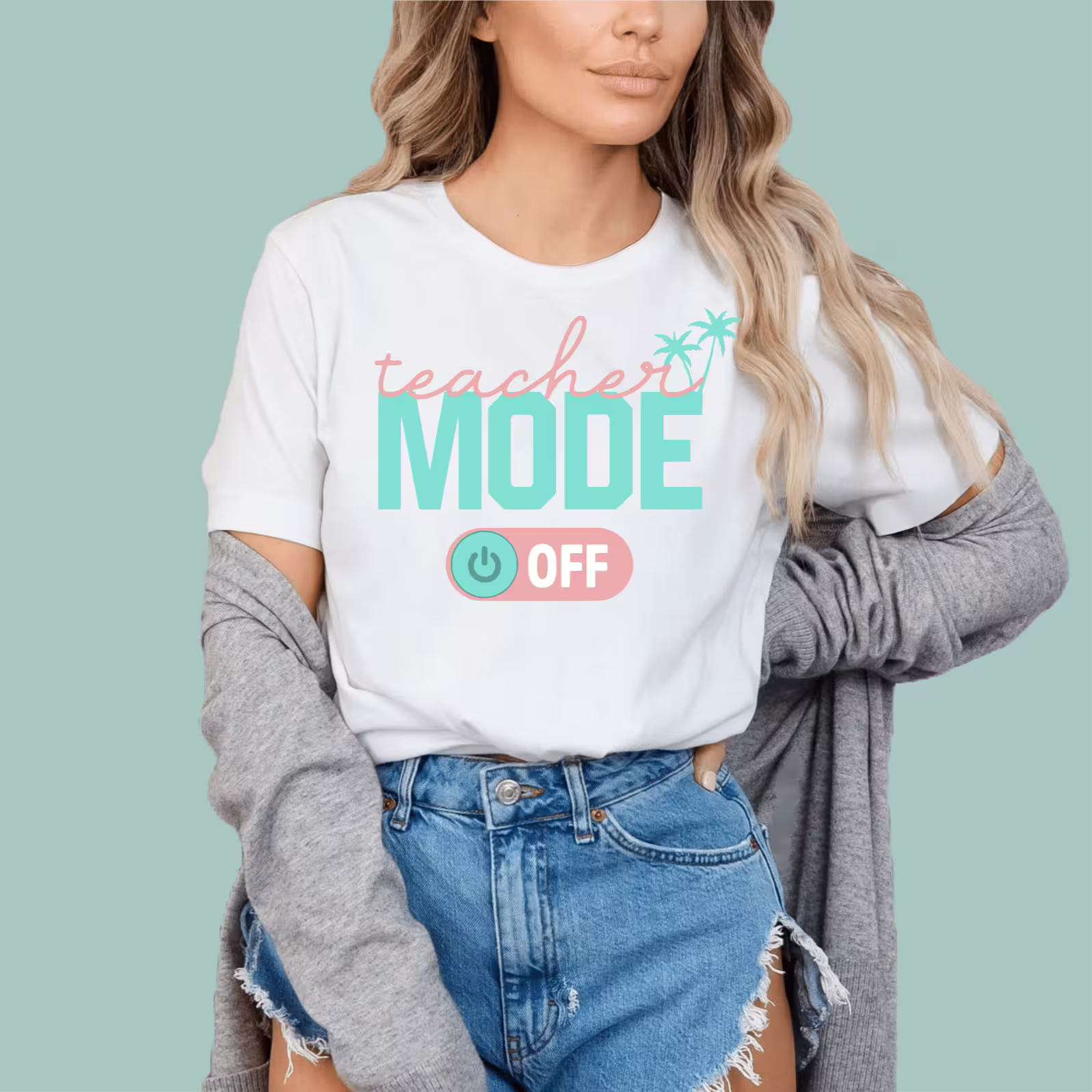 White teacher mode off summer t-shirt, a perfect lightweight gift for retired or vacationing educators.