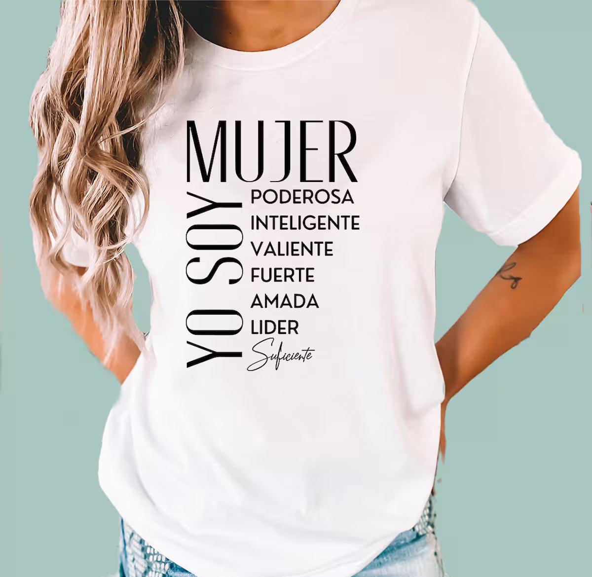 White Latina empowerment t-shirt featuring "Inteligente, Valiente, Fuerte" floral typography.